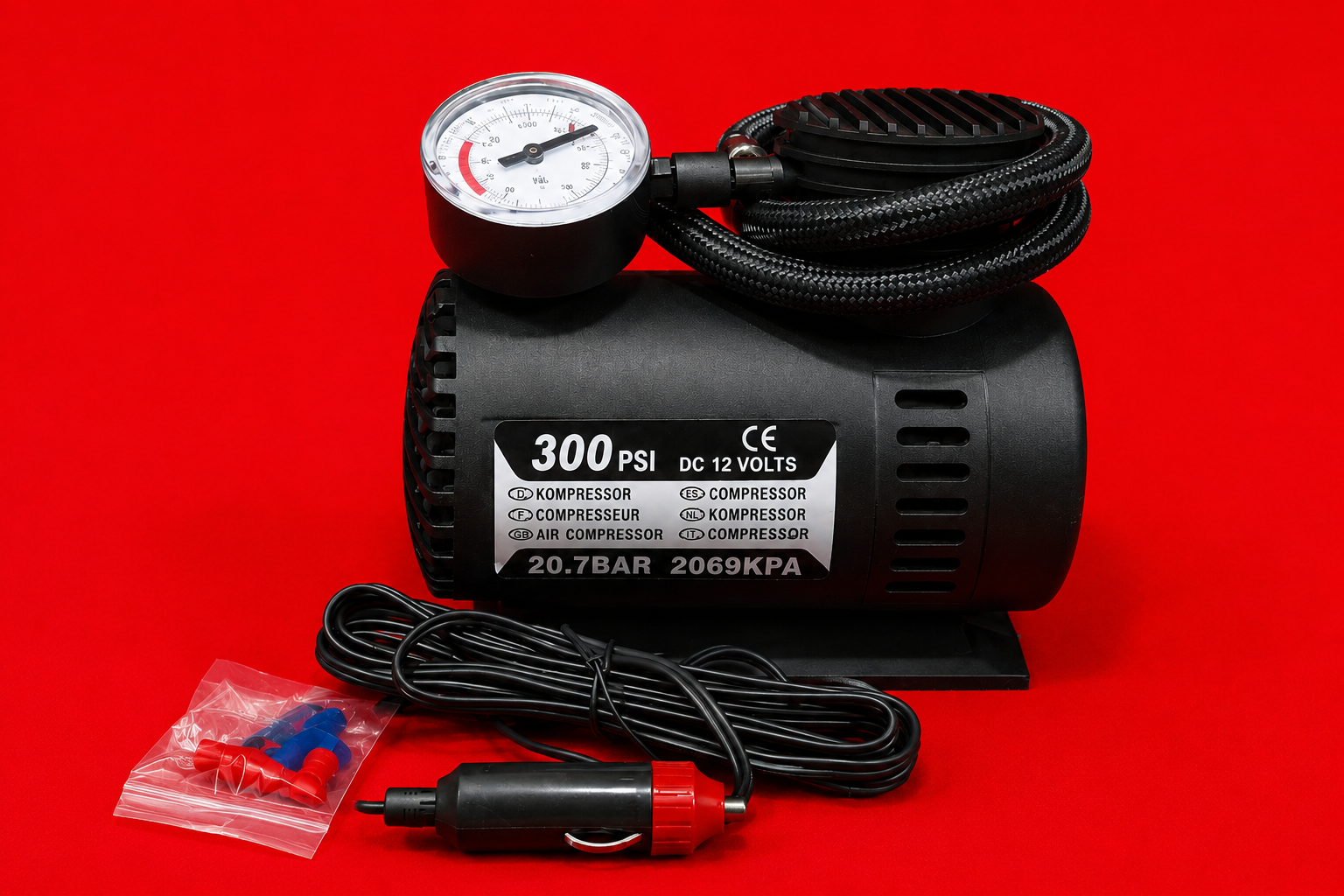 300 PSI DC 12V Air Compressor – Portable Car Tyre Inflator with Pressure Gauge