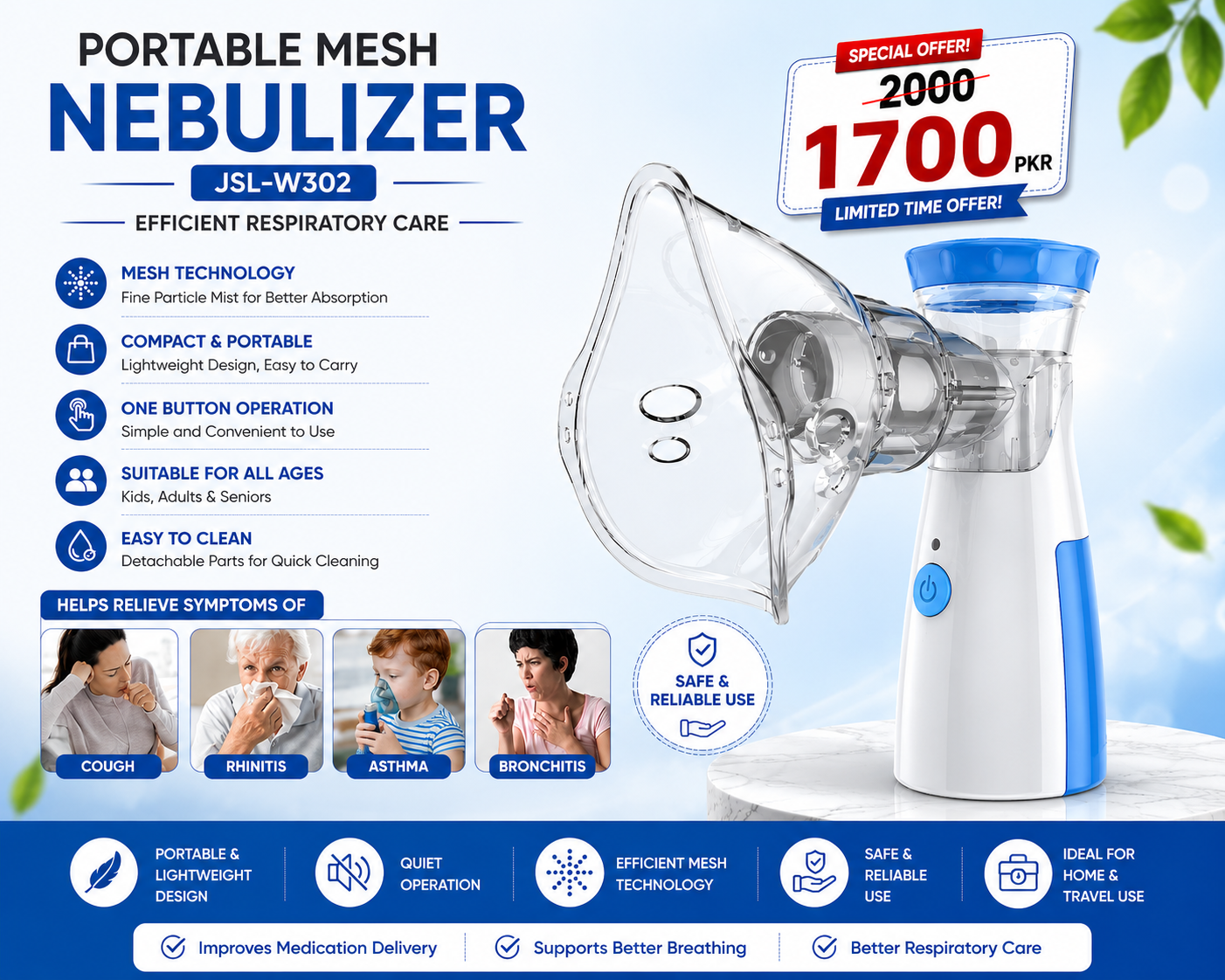 Portable Mesh Nebulizer: Quiet, Low-Power Personal Inhaler for Efficient Respiratory Care (JSL-W302)